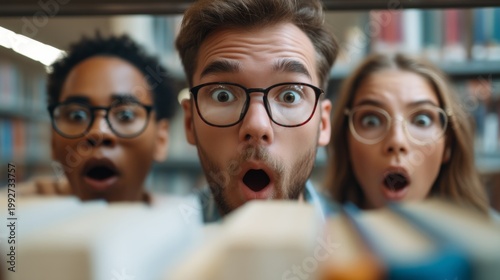 Surprised reactions of three young adults in a library shocked by a discovery surrounded by books and shelves showcasing the excitement of reading and learning. Generative AI