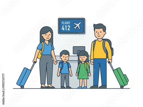 Family of four with luggage at airport gate, flat vector illustration