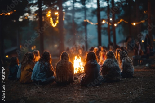 Campfire gathering at dusk showcasing friends sharing stories and enjoying nature under the stars with warm lighting. Perfect for community and outdoor themes. Generative AI