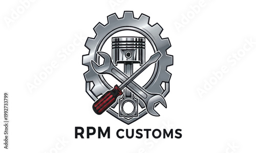 Automotive repair logo with piston and gear, industrial mechanic tools emblem for RPM Customs, metallic engine parts and crossed wrench with screwdriver