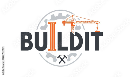 Industrial construction logo with BUILDIT text, orange crane and steel beam vector, professional building contractor branding with hammer and gear