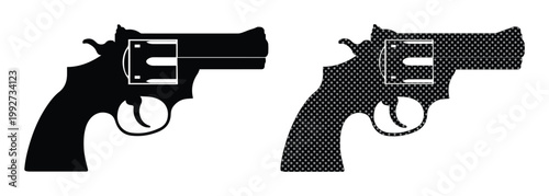 Revolver handgun silhouettes in black and halftone patterns, classic snub nose pistol vector icons, 2 firearm elements for security and defense graphics