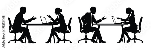 Silhouettes of businesspeople sitting at desks and working on laptops Vector