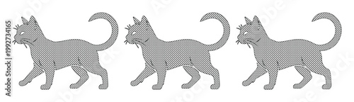 Minimalist grey cat vector set, walking feline silhouettes in profile view, simple flat animal character icons for pet branding and web design