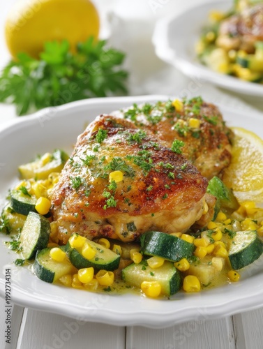 Delicious oven roasted chicken thighs served on a bed of fresh corn and zucchini garnished with lemon and parsley for a healthy gourmet meal. Generative AI