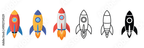 Rocket icon set flat design template vector illustration with space launch startup symbols modern clean minimal rocket collection