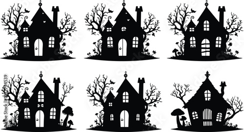 Spooky haunted house silhouette set with creepy trees, bats and dark gothic buildings, Halloween vector illustration, eerie horror scene collection, black isolated design elements