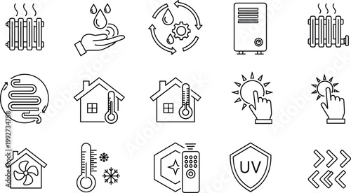 Home heating cooling icons set climate control HVAC symbols vector illustration collection modern line design