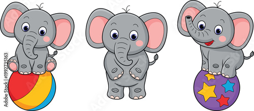 Quadro em tela Cute baby elephant cartoon set, playful animal vector illustration for kids