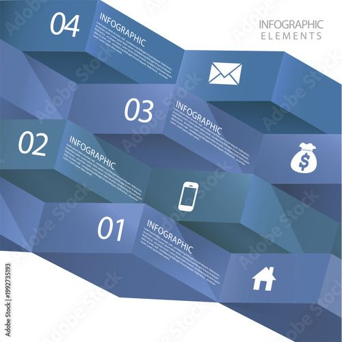 4-Step Modern 3D Geometric Infographic. Professional Vector Template with Z-Fold Timeline, Low-Poly Business Design, and Blue Gradient Milestones.