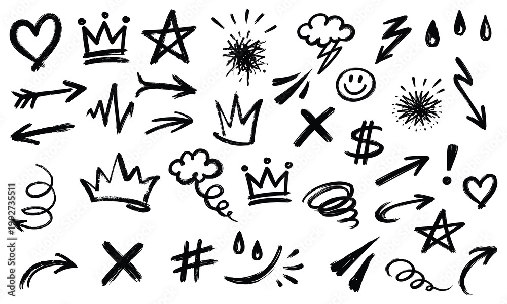 Fototapeta premium Collection of hand drawn black graffiti brush elements including heart, crown, star, arrow and abstract symbols.