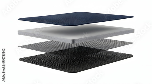 Exploded view yoga mat with layered material structure showing cushioning grip foam texture and fitness mat technology isolated background