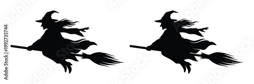Obraz na plátne Halloween witch silhouette flying on broomstick, spooky black witch vector icons