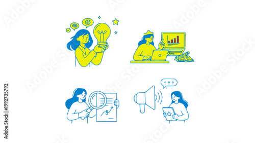 Icons showing teamwork, communication, and workplace tasks.