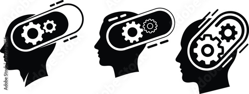 Silhouette of head with gears and belt system inside black and white problem solving thinking intelligence cogwheel mechanism silhouette