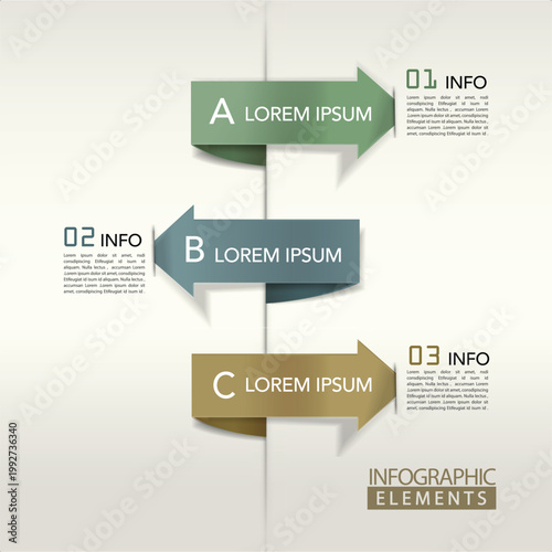 3-Step Modern Alternating Process Infographic. Professional Vector Template with Staggered Ribbon Arrows, Folded Paper Style, and Muted Earth Tones.