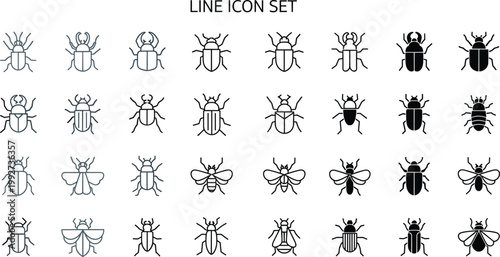 Insect bug line icons set beetle fly mosquito ant spider collection vector outline symbols