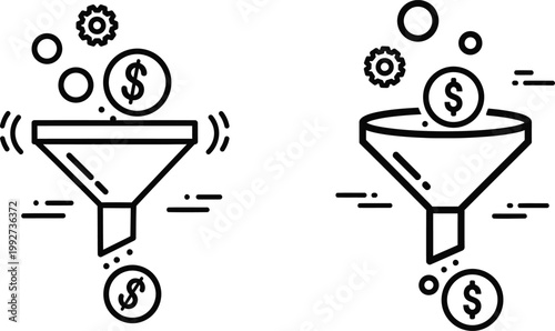 Sales funnel illustration with coins and gears income stream line art lead generation marketing business conversion strategy analytics