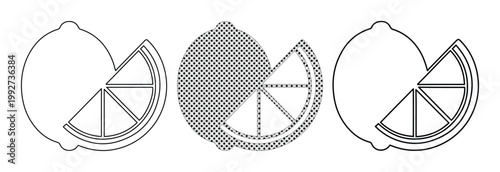 Minimalist lemon line icons, set of 3 citrus fruit vector illustrations, black and white outline lemon and slice graphics for food branding