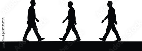 Walking man silhouette sequence showing motion steps progression isolated on white background with ground shadow