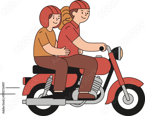 A couple riding a red motorcycle together on a road trip.