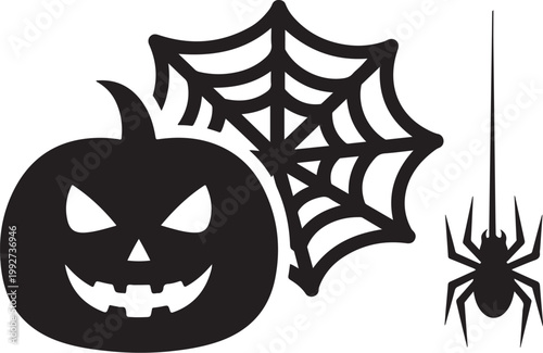 Halloween icons, spooky symbols, black vector graphics, jack-o-lantern, spider web