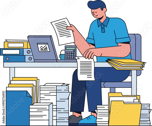 A man sitting at his desk surrounded by large piles of paperwork and documents.