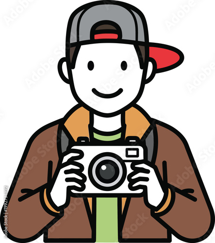 A friendly young male photographer wearing a cap holding a camera.
