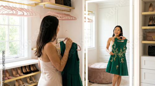 Young Asian Woman Admiring New Dress in Walk-In Closet, Celebration and Career Success Lifestyle