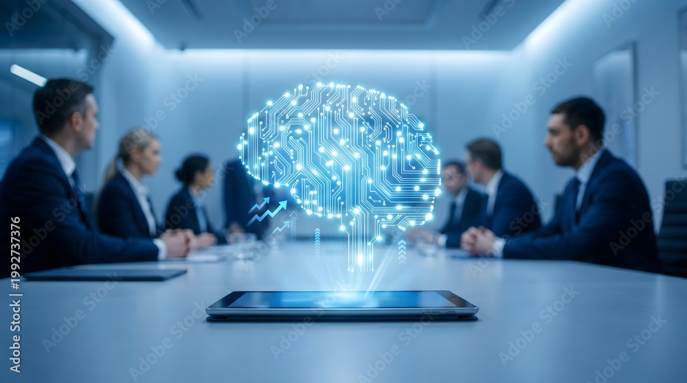 Obraz premium AI Brain Hologram in Business Meeting Room Concept