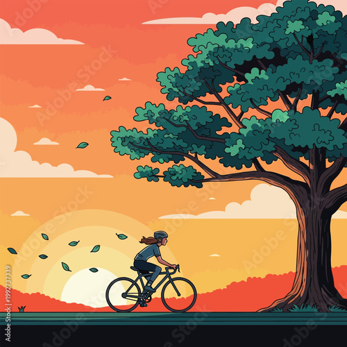 A woman riding a bicycle during a scenic sunset.