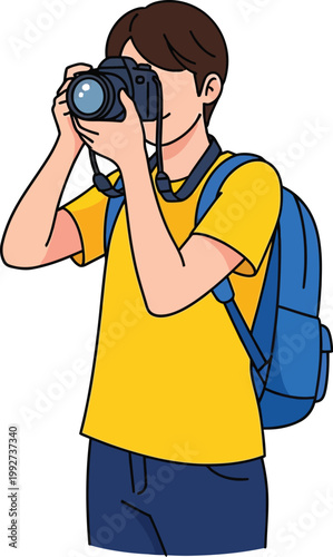 A young man holding a professional camera taking pictures while wearing a backpack.