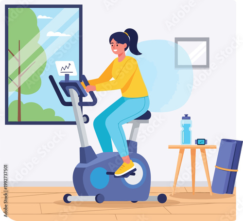 A young woman exercising on a stationary bike indoors.