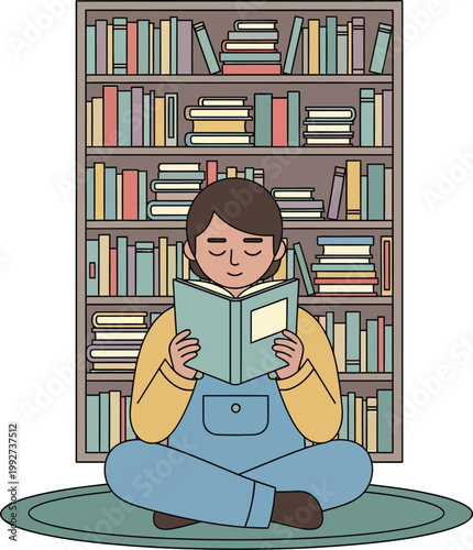 A young student sitting crosslegged and reading a book.