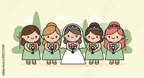 Bride and bridesmaids posing together at wedding.