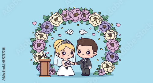 Cartoon Bride and Groom at Wedding Ceremony.