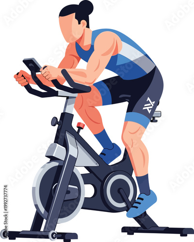 Athletic man exercising on a stationary indoor cycling bike.