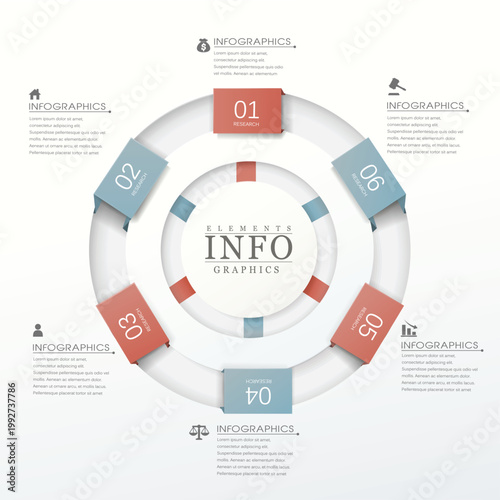 6-Step Modern Circular Infographic. Professional Vector Template with Radial Folded Tabs, 3D Layered Elements, and Corporate Business Icons.