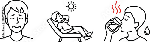 Three simple line art illustrations showing a man experiencing heat exhaustion relaxing in the sun and drinking cool refreshing water