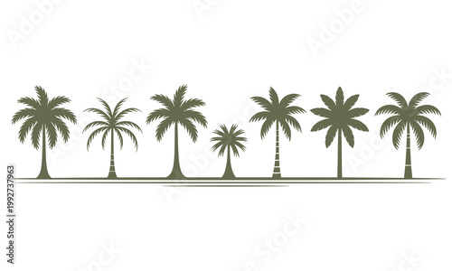 A row of seven palm trees in various shapes and sizes with green leaves and trunks on a white background in a vector graphic illustration