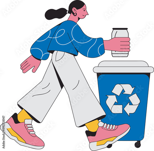Woman Recycling Plastic Bottle into Bin Eco Friendly Lifestyle Flat Vector Illustration