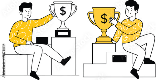 Successful young men holding trophies with dollar signs representing business achievement and financial reward flat illustration white background