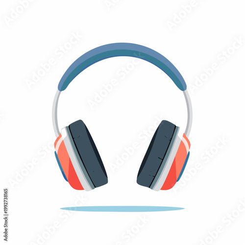 Stylized headphones with blue headband and red and white accents
