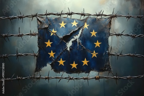 torn blue flag with yellow stars ripped and entangled in rusty barbed wire against a cold distressed background, conveying confinement, decay and tension
