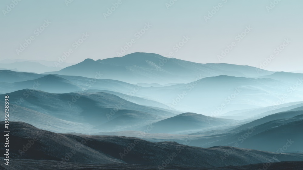 Naklejka premium Rolling hills layered compression, soft fog, minimal landscape background