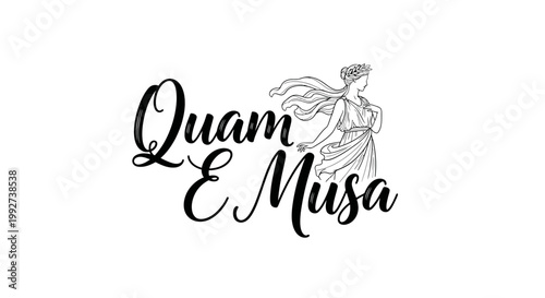 Calligraphy featuring a classical muse figure displays an elegant.