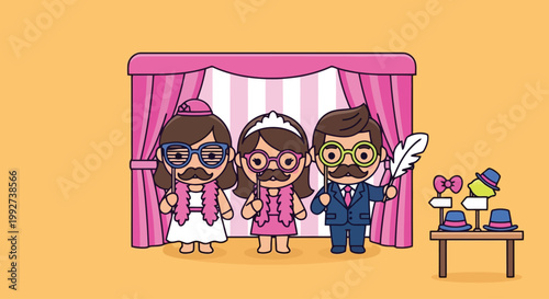 Wedding Party Of Three In Cartoon Illustration.