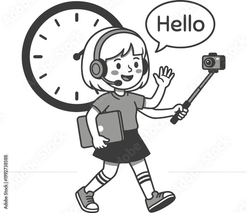 Young girl vlogger with headset laptop camera on selfie stick greeting viewers with a 'hello' message and clock in background, content creator