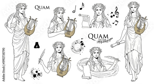 Muse character plays a golden lyre while holding a quill for poetry.