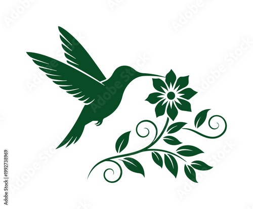 Elegant hummingbird silhouette vector, dark green bird flying to flower, botanical garden logo design, floral swirl and leaf illustration